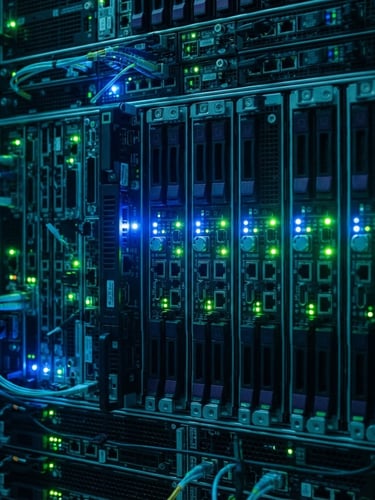 Macro close-up of server mainframe blue glowing indicators, high tech banking infrastructure, cool studio lighting, deep blue and emerald green accents, sharp details, 35mm