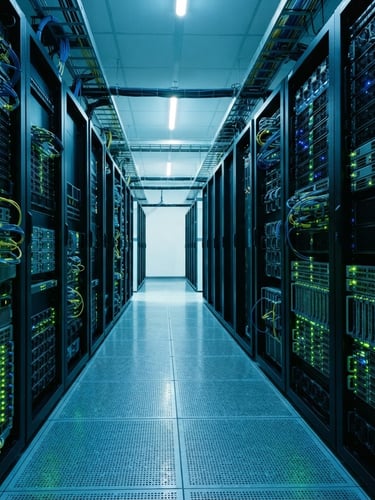 Cool-toned modern server room with glowing green and blue LED indicators, clean architectural server racks, high contrast, 35mm photography