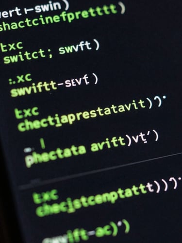 Macro close-up of a mobile screen displaying raw Swift code, sharp neon green terminal glows, dark-mode styling