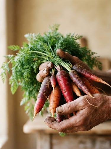 Portrait framing of weathered hands gently holding a bunch of freshly harvested heirloom carrots with green tops, soft morning light, warm beige background, 35mm photography