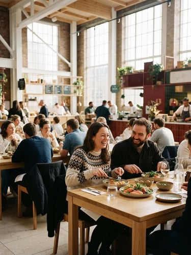 A vibrant modern food hall with natural light streaming through high windows, people enjoying artisanal plates at wooden tables, Scandinavian aesthetic, 35mm photography