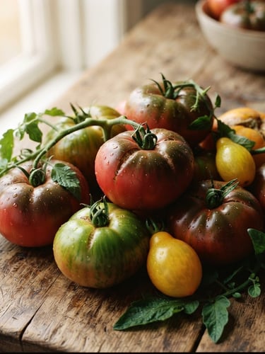 A close-up of fresh organic heirloom tomatoes on a rustic wooden table with soft morning window light, clean Scandinavian minimalist composition, 35mm