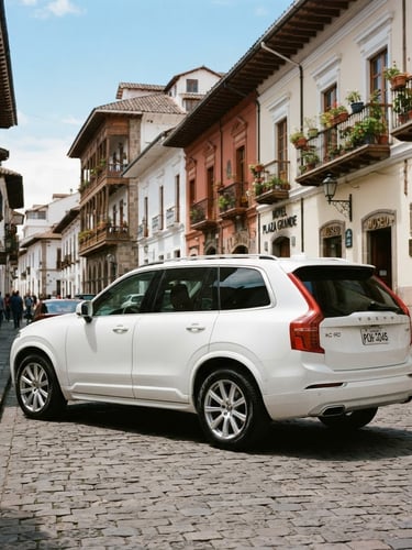 A premium clean white SUV parked on a cobblestone street in Quito's historic center, colonial architecture in the background under bright natural daylight, 35mm photography