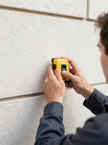 Close-up of a professional technician holding a yellow laser measure against a clean stone wall, sharp focus, technical modernism, bright daylight