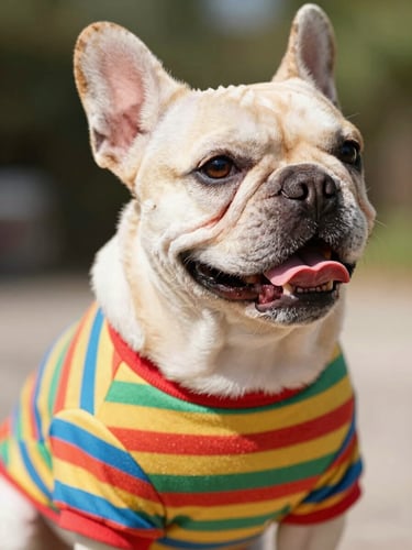 Close-up eye-level portrait of a happy French Bulldog wearing a colorful handmade striped t-shirt, bright natural daylight, vibrant saturated colors, shallow depth of field