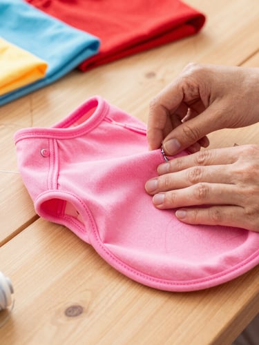 A cozy close-up of hands sewing a vibrant pink pet garment on a wooden table, soft warm daylight, colorful fabrics scattered around