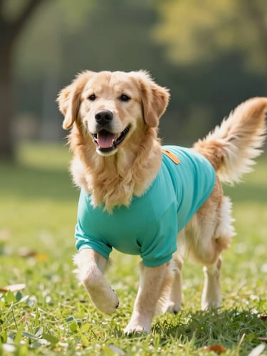 A happy golden retriever wearing a colorful teal lightweight dog shirt, running in a sunlit park, bright natural lighting, eye-level medium shot