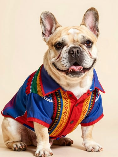 Bright studio portrait of a happy French Bulldog wearing a custom colorful Mexican style shirt, sitting comfortably, eye-level, warm daylight