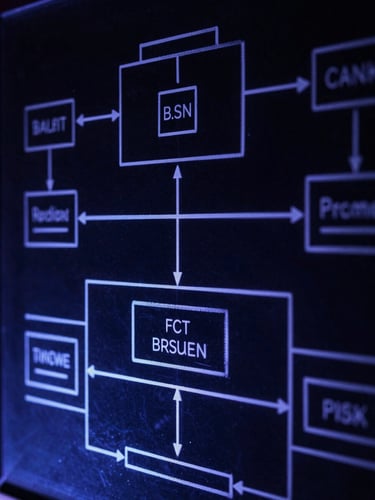 Macro shot of complex system architecture diagrams drawn on a dark glass board, sharp electric-indigo backlighting, deep slate tones, high contrast, 35mm.