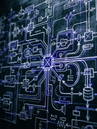 Macro shot of a complex system architecture diagram drawn in sharp white and electric-indigo ink on a dark glass board, low-key dramatic lighting, high contrast, 35mm