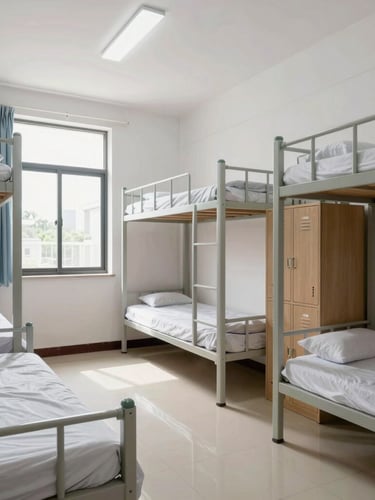 Bright, clean interior of a dormitory room showing organized beds, personal lockers, and wide windows with natural daylight.