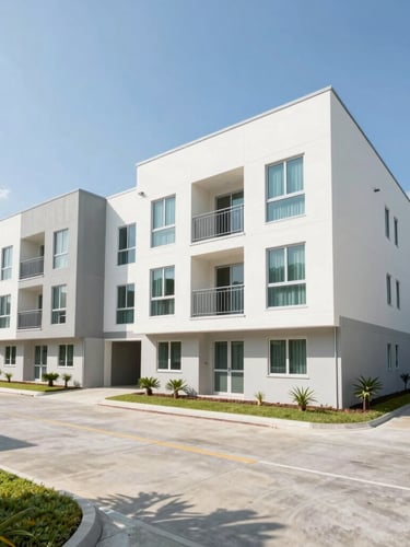 Bright architectural exterior of a modern multi-story dormitory building in Tuas under clear daylight, clean concrete driveway, professional real estate framing