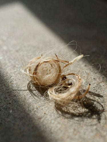 Macro detail shot of loose, natural plant fibers on a raw stone surface, soft directional morning window light casting deep shadows, earthy organic tones, shallow depth of field, 35mm film texture