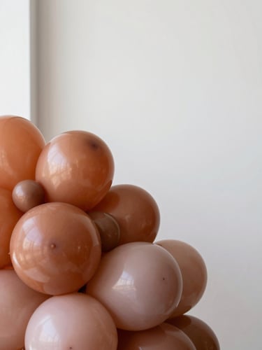 Close-up editorial shot of a sculptural balloon cluster in warm terracotta and dusty rose tones, arranged against a clean white wall, soft diffused daylight from the left, negative space above the arrangement, pristine and still