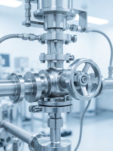 Macro close-up of a stainless steel bioreactor valve, sterile clinical photography, bright high-key laboratory lighting, cool blue and white tones, sharp focus, 35mm