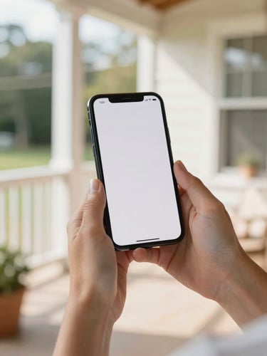 Hands holding a smartphone displaying a clean setup app screen on a sunny day near a residential porch, soft focus background.