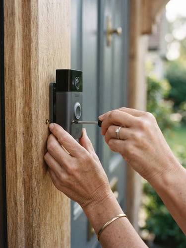 A close-up of hands carefully mounting a smart doorbell camera onto a warm wooden doorframe, soft natural morning light.
