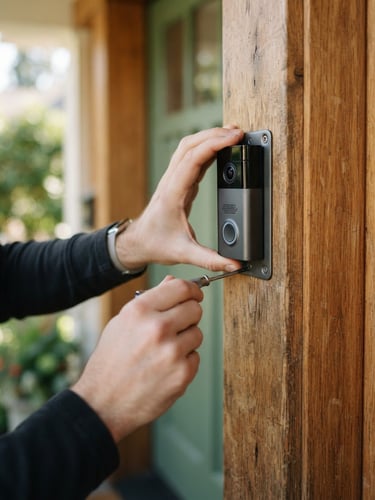Close-up of hands adjusting a smart doorbell camera on a warm wooden door frame, soft natural daylight, shallow depth of field.