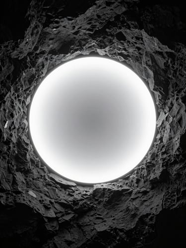 A glowing white circular light portal centered in a dark, textured obsidian stone void, subtle monochromatic radial glow, minimalist and futuristic composition.