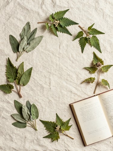 Overhead flat-lay on cream linen: dried botanical specimens arranged in a loose arc — crumbled sage leaves, pressed nettle fronds, a small open reference book with handwritten margin notes — diffuse north-facing daylight, no shadows, scientific clarity