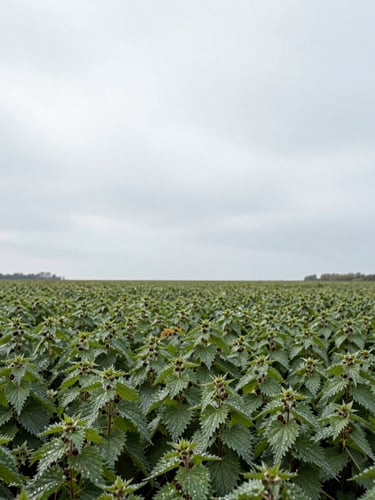 Wide environmental shot of a damp Walloon meadow in early spring, low horizon, nettle stands visible in the middle distance, soft overcast daylight, no human figures, documentary framing with generous sky