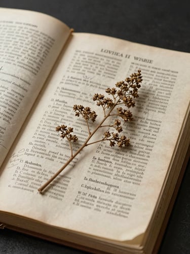 Close-up of an open 19th-century botanical formulary, dense printed Latin plant names and handwritten margin notes, a dried sprig of valerian resting across the page, diffuse overhead studio light, scholarly documentary feel