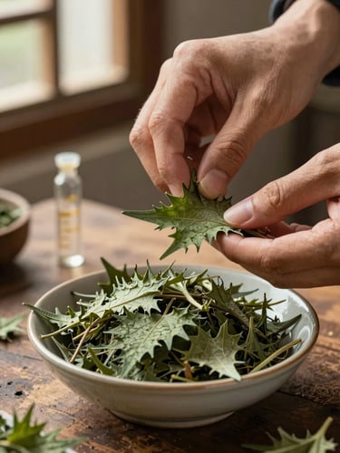 Close-up of hands measuring dried nettle leaves into a ceramic bowl on a worn wooden surface, diffuse daylight from a nearby window, small glass measuring vial visible to the side, documentary and precise