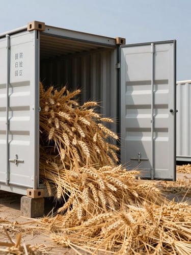Wide-angle daylight shot of raw golden wheat pouring into a modern industrial shipping container, high-contrast sunlight, clean metallic textures.