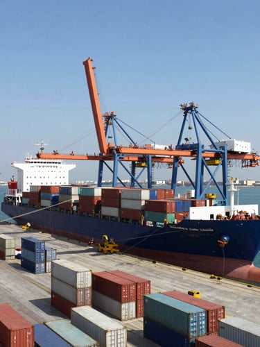 Wide-angle panoramic shot of the Aqaba container port at bright daylight, featuring a large container ship docked next to towering cargo cranes, stacks of shipping containers, and clear blue water in the background.