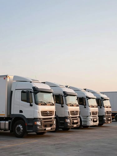 A fleet of modern refrigerated transport trucks parked in a neat row at a desert distribution depot during golden hour.