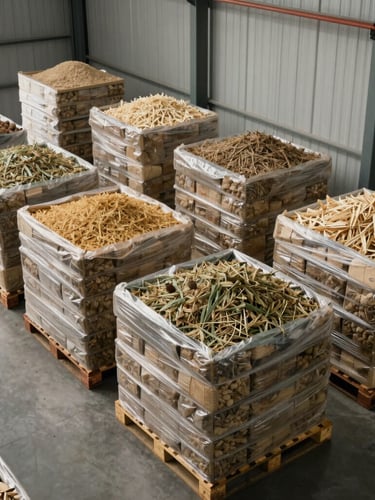 High-angle view of a modern industrial warehouse interior with neatly stacked pallets of raw agricultural commodities under bright warehouse lighting.