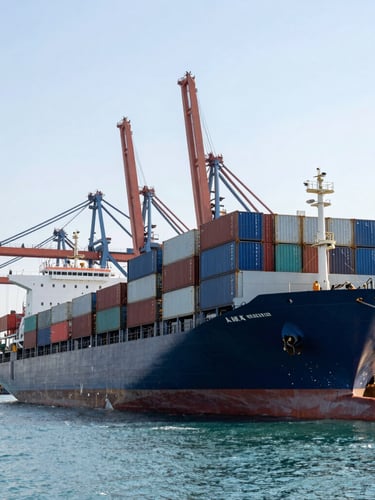 Wide-angle high-contrast shot of container ships docking at the Port of Aqaba, bright daylight, industrial cranes in the background, negative space on the left