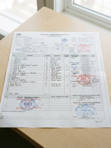 Straight-on documentary shot of a physical aid delivery manifest with official stamps, high-key studio lighting, clean white and silver tones, sharp focus, 35mm