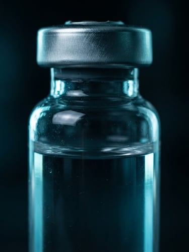 Extreme macro shot of a sealed glass vial with a pristine crimped cap, cool-toned backlighting, dramatic low-key lighting with sharp clinical highlights reflecting off the glass surface, 100mm lens