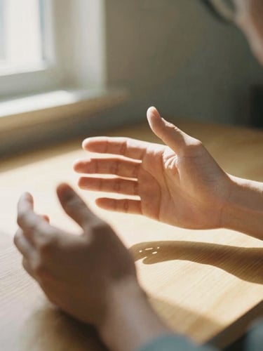 Close-up of expressive hands gesturing during a thoughtful conversation over a wooden table, warm sunlight casting soft shadows, 35mm film aesthetic.