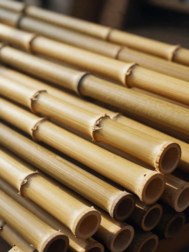 Close-up of golden cured bamboo rods stacked neatly in the Torrinha workshop, warm natural light highlighting the organic nodes and fibers, rustic textures, 35mm film.