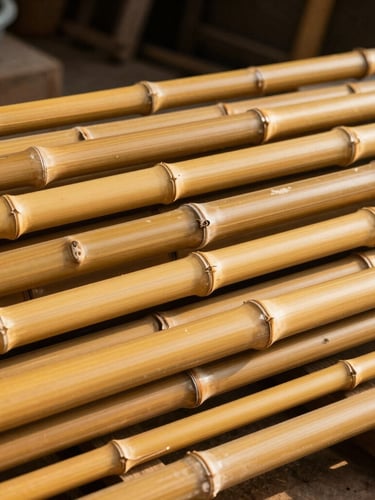 Close-up of cured golden bamboo fishing rods stacked neatly in a rustic workshop, warm golden hour sunlight highlighting natural textures, 35mm film style.