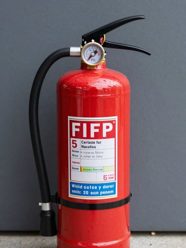 Straight-on technical close-up of a certified red fire extinguisher with a highly visible brass pressure gauge, clean daylight, sharp focus on the safety tag, 35mm photography