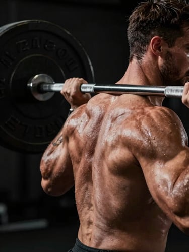 Close-up side view of a muscular athlete mid-deadlift, heavy barbell loaded with iron plates, dramatic hard sidelighting casting deep shadows across striated back muscles, high contrast black background, sweat visible on skin, no face shown