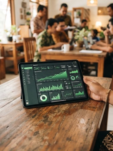 A clean modern tablet showing a financial dashboard preview with green charts, placed on a wooden table in a warm Indonesian cooperative office, daylight.
