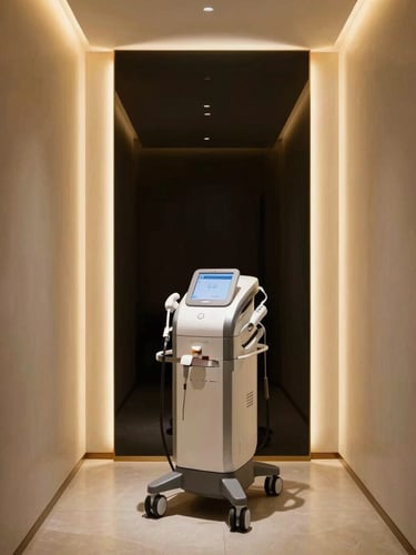 Minimalist ultra-luxury clinic interior in Hong Kong Central, NINEONE medical beauty machine standing elegantly in a private treatment room, soft gold reflections, low-key lighting
