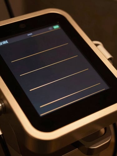 Macro close-up of a luxury medical aesthetic device touch screen showing gold interface lines, dark reflective glass, dramatic low-key studio lighting with gold rim light