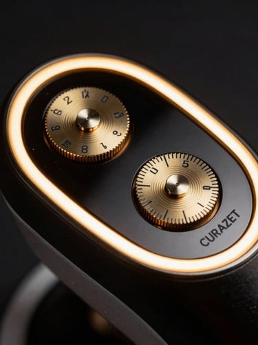 Macro close-up of CURAZET aesthetic device interface, low-key studio lighting, dramatic gold rim light highlighting the metallic gold dials and black mirror glass finish, 85mm
