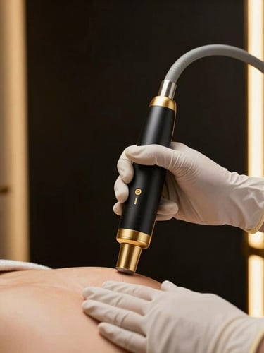 Elegant gloved hands of a clinician holding a sleek black and gold medical laser handpiece, hovering over a patient's skin, soft gold lighting, luxury clinic background