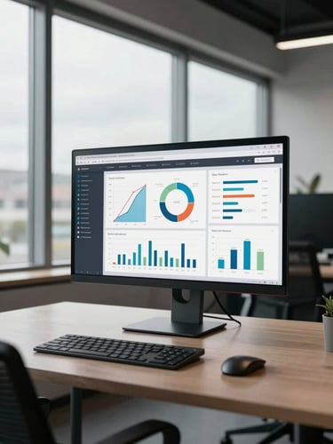 Wide environmental shot of a professional analytics dashboard on a large monitor in a minimal office, overcast daylight through floor-to-ceiling windows, empty desk in foreground, charts and conversion funnels visible on screen, no faces