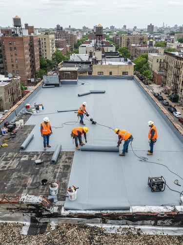 High-angle drone shot of a flat roof repair in the Bronx, technicians in safety orange vests laying down durable gray membrane under bright overcast daylight, sharp focus, 35mm