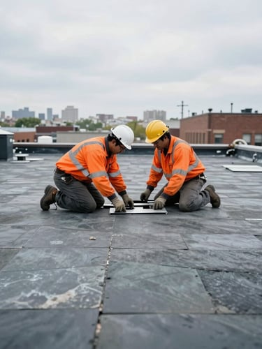 Realistic industrial photography of technicians in safety gear working on a flat roof in the Bronx, bright overcast daylight, cool slate and safety orange accents, sharp focus, 35mm