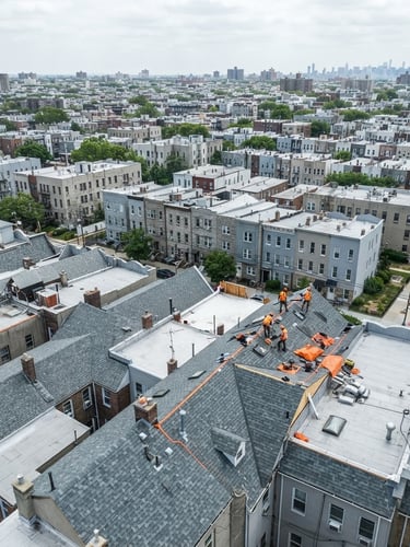 High-angle drone shot of completed residential roofs in the Bronx, bright overcast daylight, cool slate tones, sharp focus, 35mm
