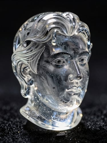 Dramatic low-key macro photography of a heavy 3D laser-engraved crystal portrait catching sharp backlighting on a dark obsidian background, 50mm lens