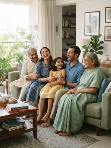 A modern Indian family sitting together in a sunlit living room, laughing naturally, soft blue and green tones, clean editorial photography, 35mm